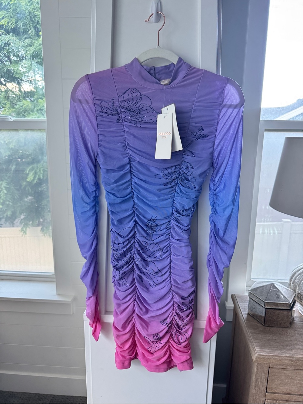 NWT Rococo Sand Blake Ruched Ombre Rhinestone Mini Dress Size Small - Picture 4 of 8